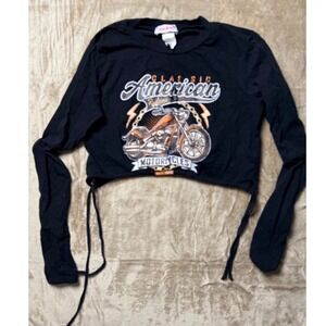 Y2K Madrag Womens Black Long Sleeve American Motorcycle Graphic Crop Top Small